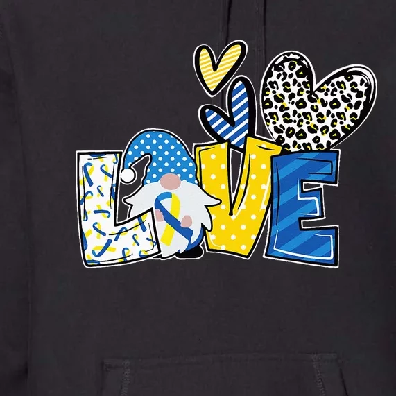 LOVE Gnomes Blue Yellow Ribbon Down Syndrome Awareness Premium Hoodie