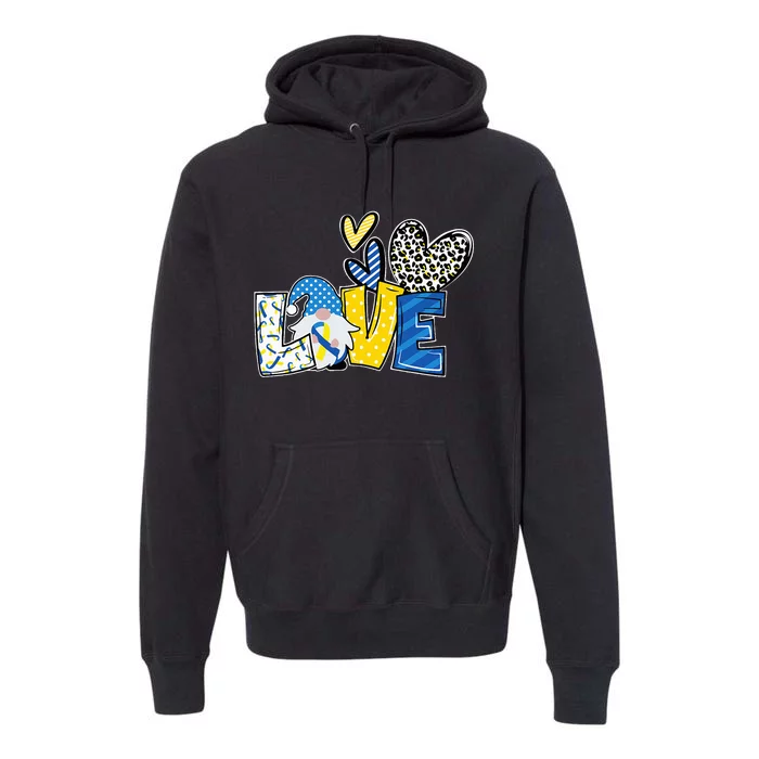 LOVE Gnomes Blue Yellow Ribbon Down Syndrome Awareness Premium Hoodie