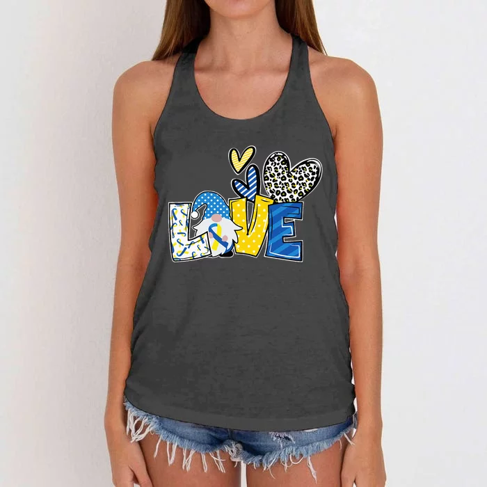 LOVE Gnomes Blue Yellow Ribbon Down Syndrome Awareness Women's Knotted Racerback Tank