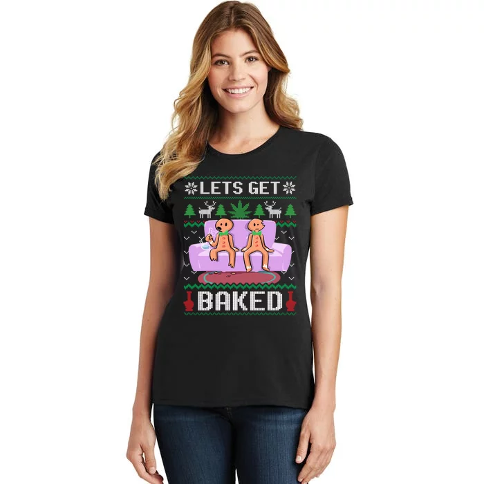 Let's Get Baked Gingerbread Man Ugly Christmas Marijuana Women's T-Shirt