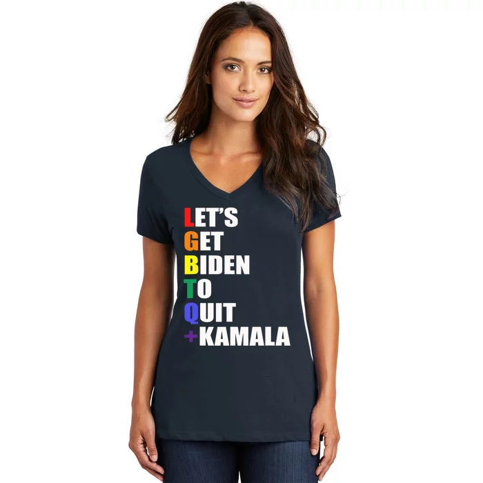 Let’s Get Biden To Quit + Kamala LGBTQ Women's V-Neck T-Shirt