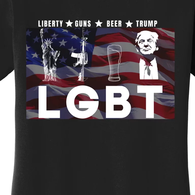 Liberty Guns Beer Trump 4th Of July Usa Flag Lgbt Parody Funny Trump Lgbt Women's T-Shirt