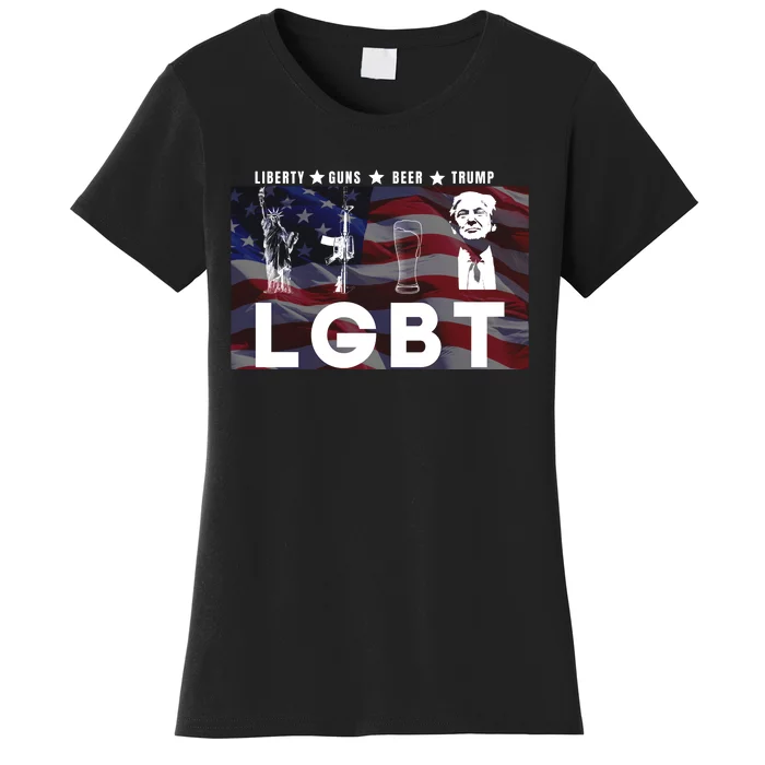 Liberty Guns Beer Trump 4th Of July Usa Flag Lgbt Parody Funny Trump Lgbt Women's T-Shirt