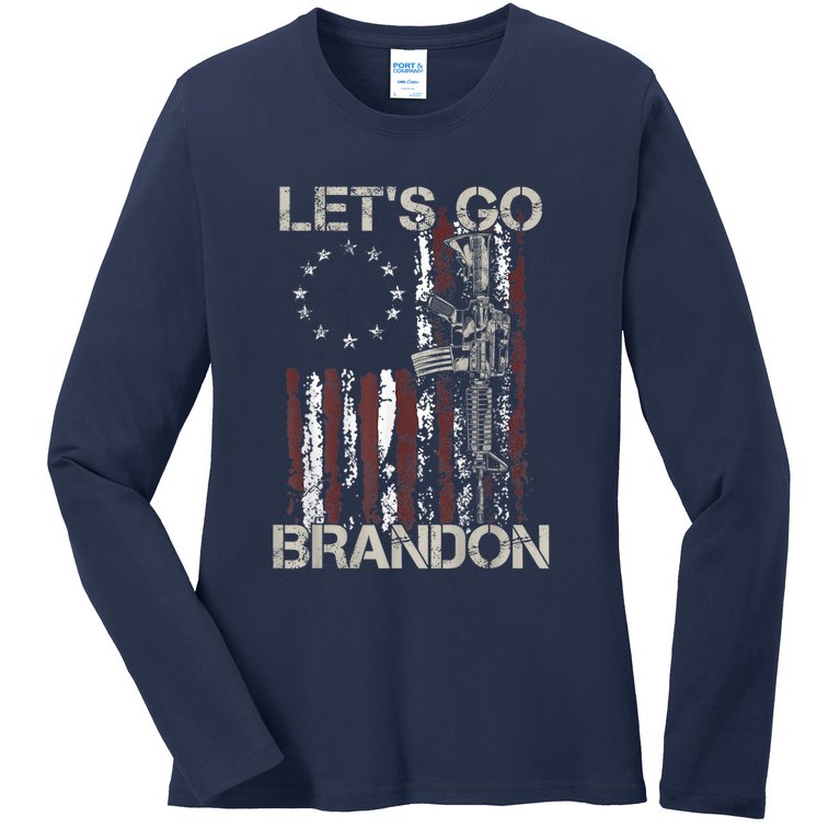Lets Go Brandon Gun American Flag Patriots Let's Go Brandon Ladies Missy Fit Long Sleeve Shirt