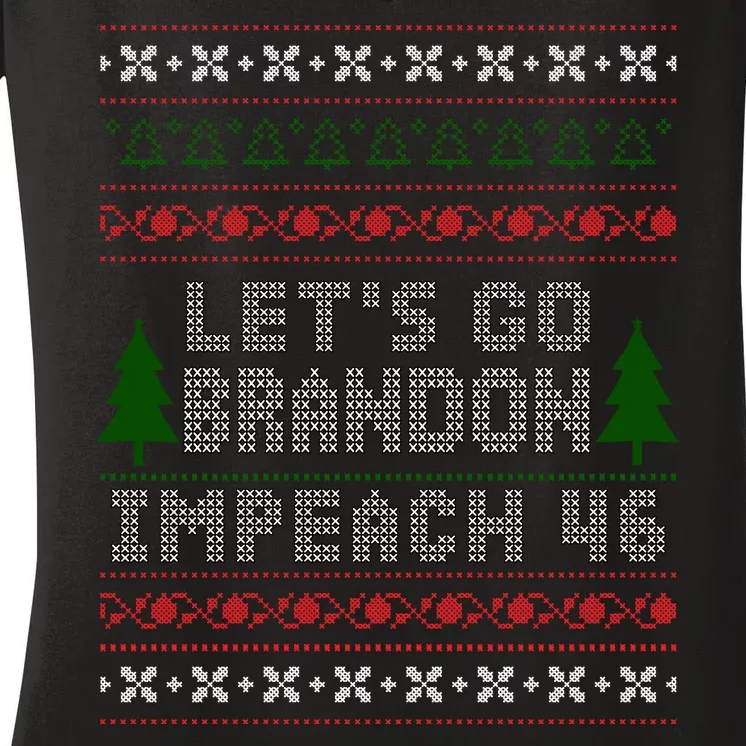 Let''s Go Brandon Impeach 46 Anti Biden Chant Ugly Christmas Women's V-Neck T-Shirt