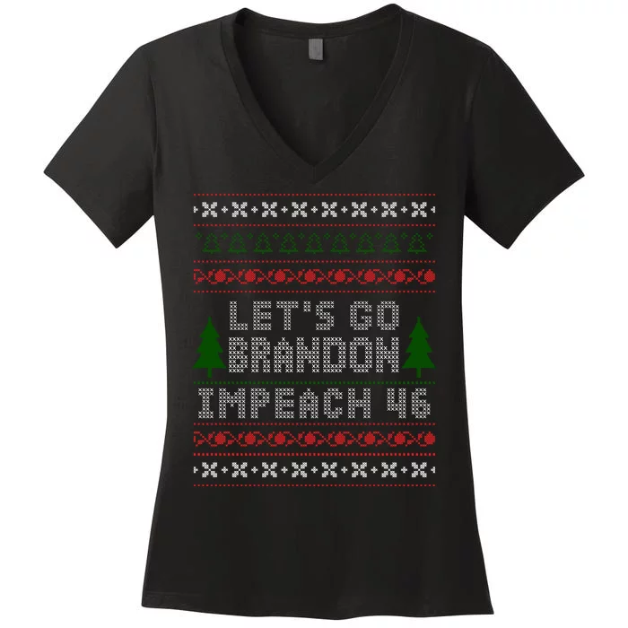 Let''s Go Brandon Impeach 46 Anti Biden Chant Ugly Christmas Women's V-Neck T-Shirt