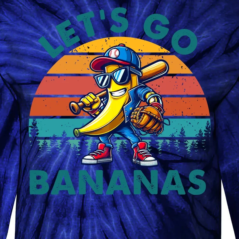 Lets Go Bananas Baseball Player Retro Sunset Tie-Dye Long Sleeve Shirt