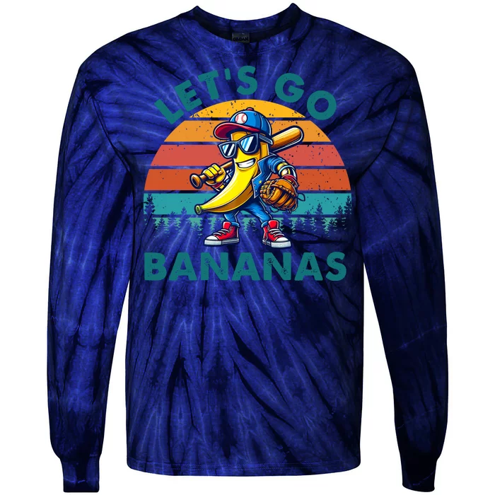 Lets Go Bananas Baseball Player Retro Sunset Tie-Dye Long Sleeve Shirt