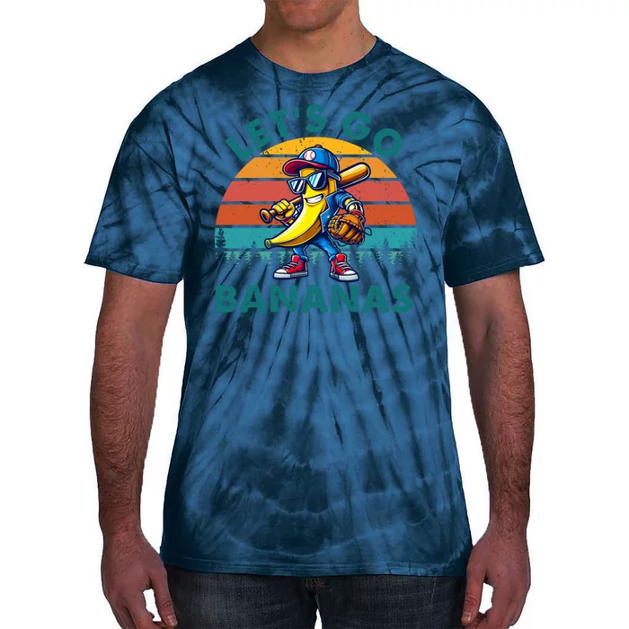 Lets Go Bananas Baseball Player Retro Sunset Tie-Dye T-Shirt