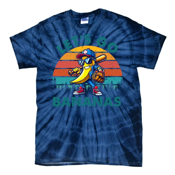 Lets Go Bananas Baseball Player Retro Sunset Tie-Dye T-Shirt