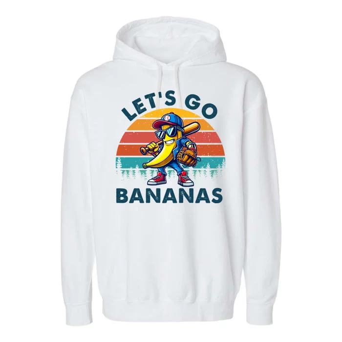 Lets Go Bananas Baseball Player Retro Sunset Garment-Dyed Fleece Hoodie