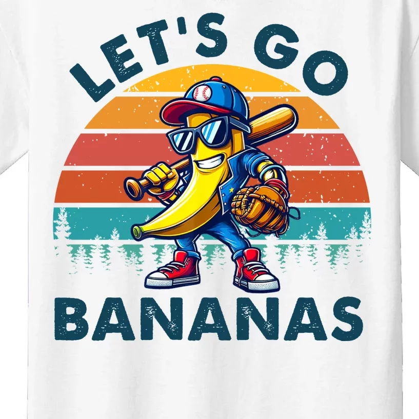 Lets Go Bananas Baseball Player Retro Sunset Kids T-Shirt