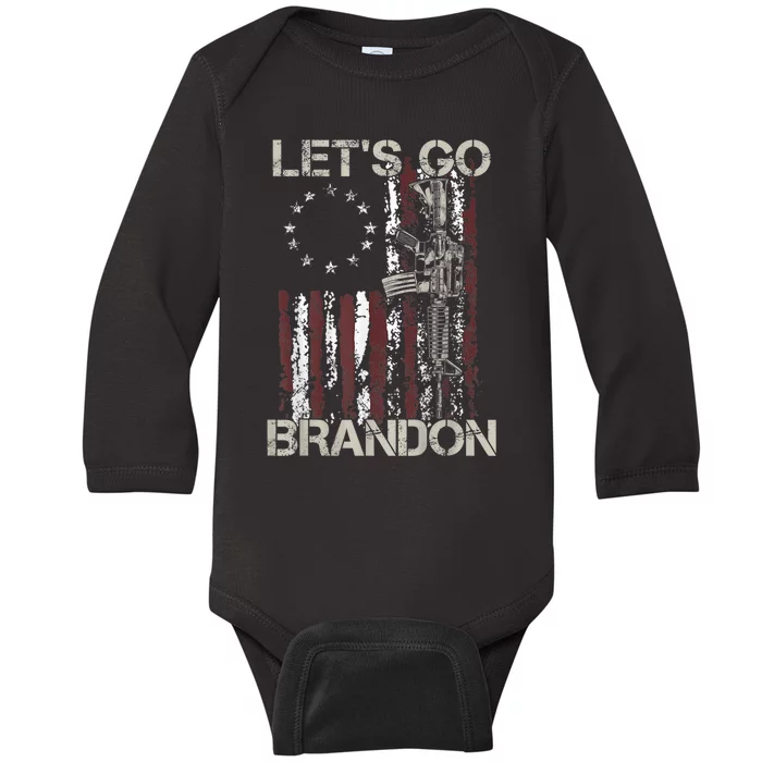 Lets Go Brandon Gun American Flag Patriots Let's Go Brandon Baby Long Sleeve Bodysuit