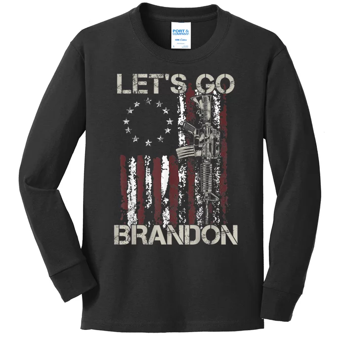 Lets Go Brandon Gun American Flag Patriots Let's Go Brandon Kids Long Sleeve Shirt