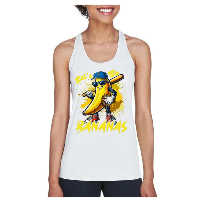 Lets Go Bananas Banana Playing Baseball Baseball Player Gift Women's Racerback Tank