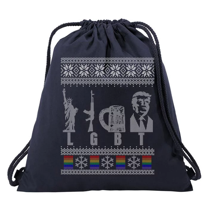 LGBT Liberty Guns Beer Trump Support Ugly Christmas Drawstring Bag