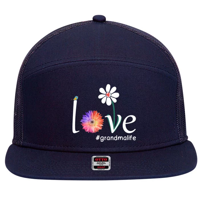 Love #Grandmalife Cute Watercolor Flower Bird Mother's Day Funny Gift 7 Panel Mesh Trucker Snapback Hat