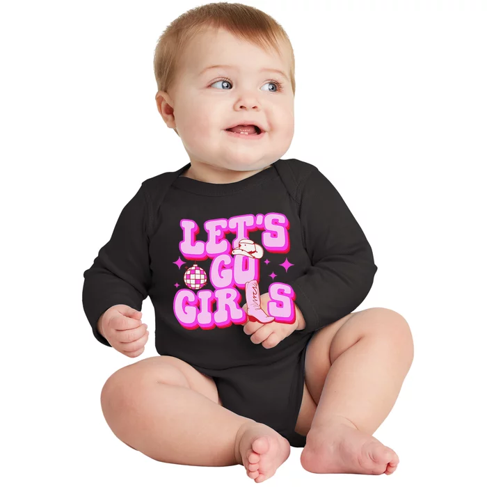 Let's Go Cowgirls Hat Boots Country Western Cow Baby Long Sleeve Bodysuit