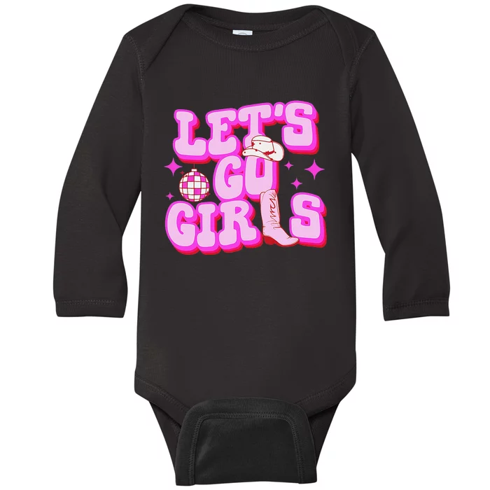 Let's Go Cowgirls Hat Boots Country Western Cow Baby Long Sleeve Bodysuit