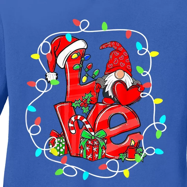 Love Gnomes Christmas Lights Santa Hat Family Xmas Pajamas Cool Gift Ladies Long Sleeve Shirt