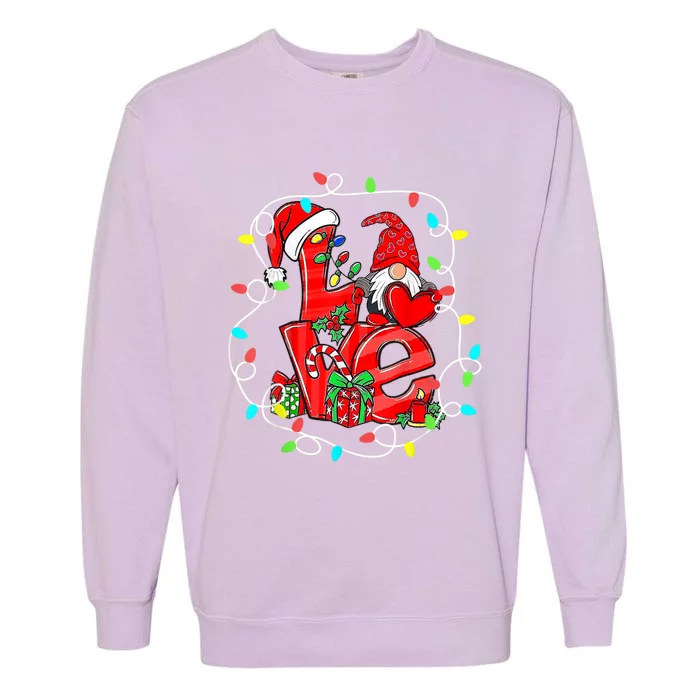 Love Gnomes Christmas Lights Santa Hat Family Xmas Pajamas Cool Gift Garment-Dyed Sweatshirt