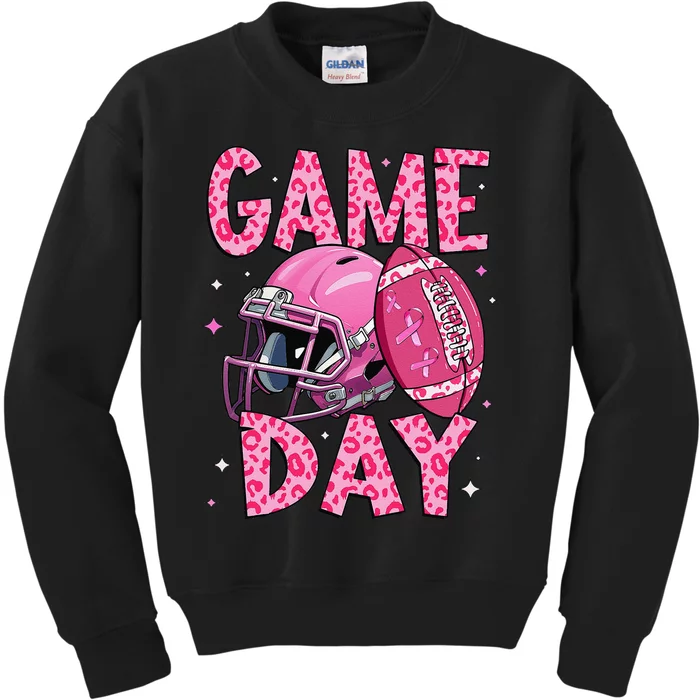 Leopard Game Day P.Ink American Football Tackle Breast Cancer Gift Kids Sweatshirt