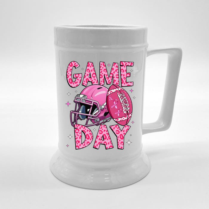 Leopard Game Day P.Ink American Football Tackle Breast Cancer Gift Front & Back Beer Stein