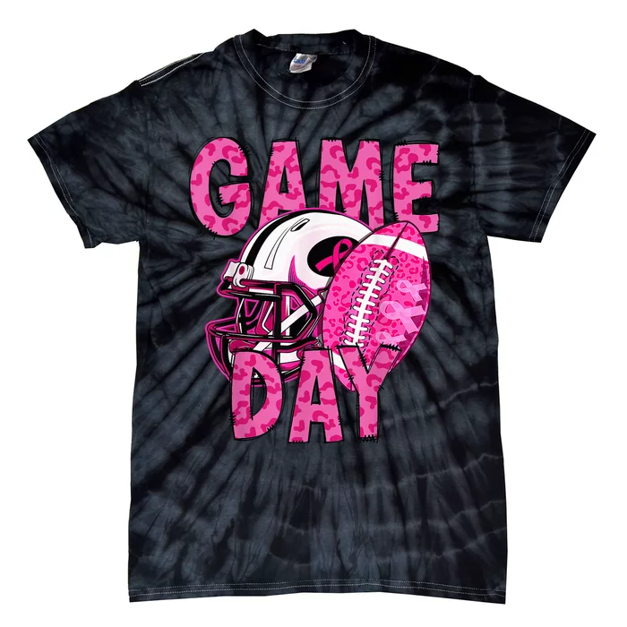 Leopard Game Day Pink American Football Tackle Breast Cancer Tie-Dye T-Shirt