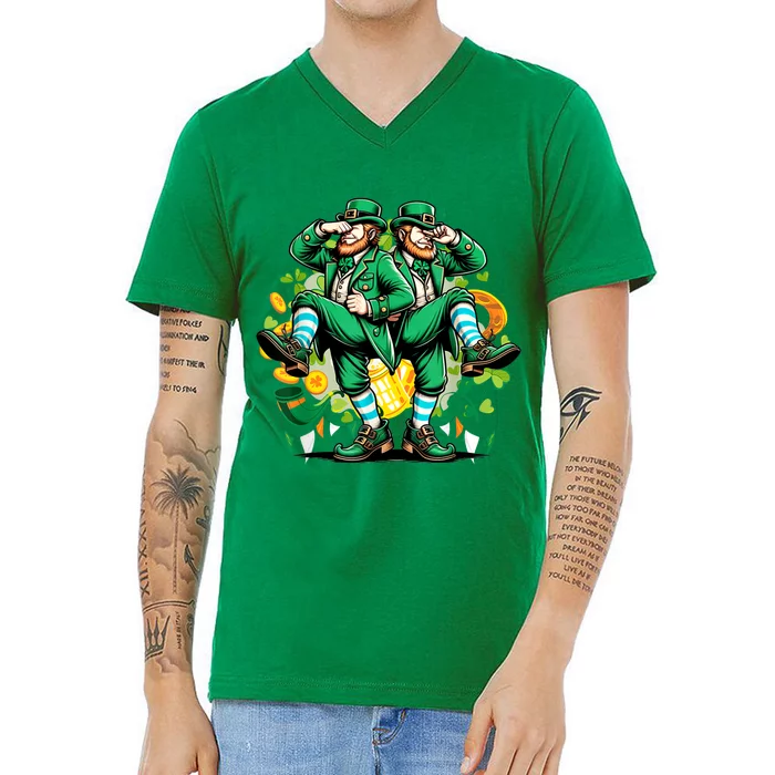 Leprechaun Gridd Dance St Patricks Day V-Neck T-Shirt