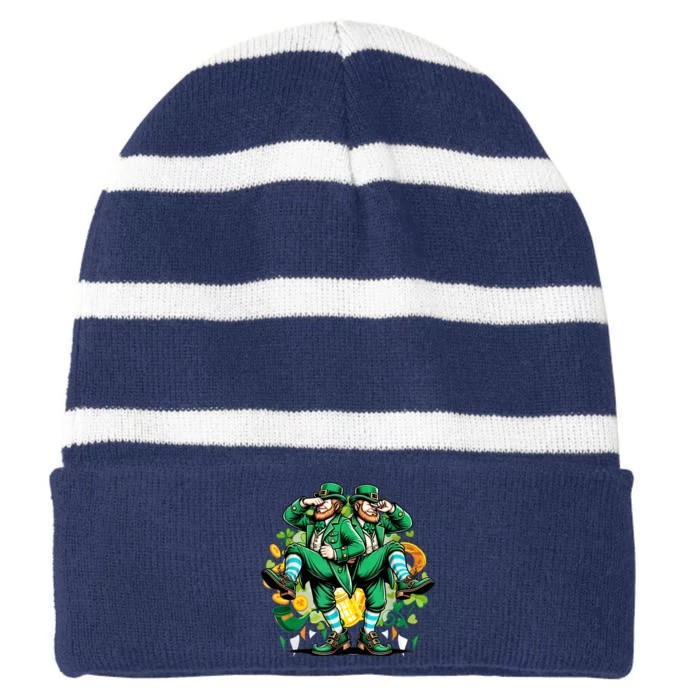 Leprechaun Gridd Dance St Patricks Day Striped Beanie with Solid Band