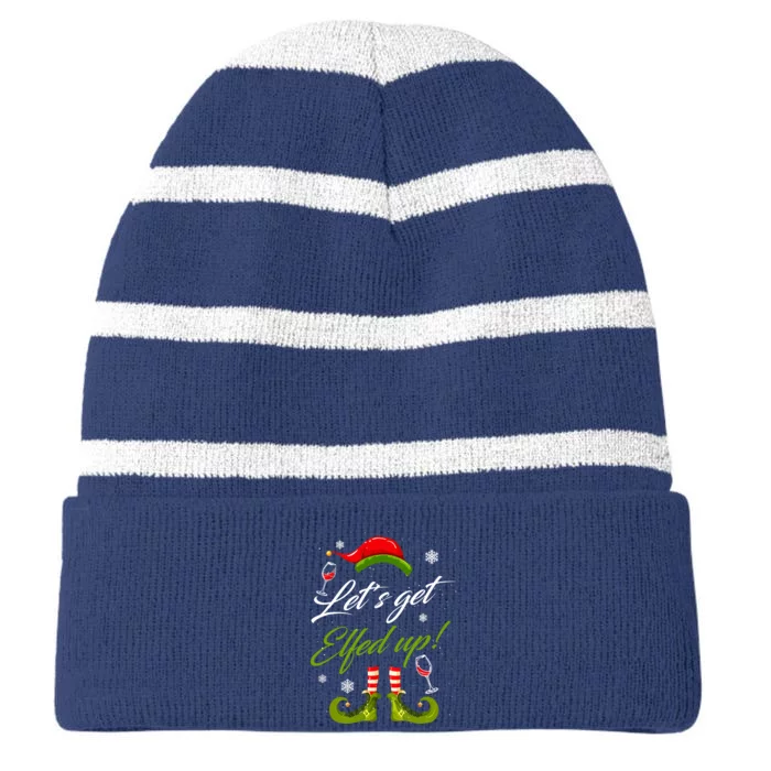 Let's Get Elfed Up Wine Drinking Christmas Striped Beanie with Solid Band