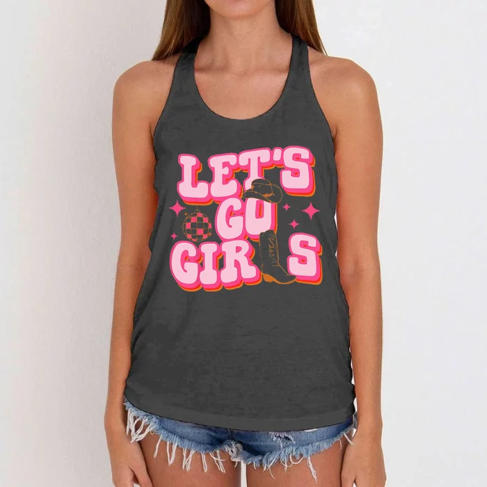 Lets Go Girls Cowgirl Hat Cowboy Boots Bachelorette Party Women's Knotted Racerback Tank