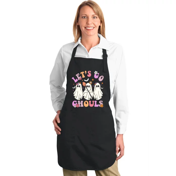 Lets Go Ghouls Halloween Ghost Outfit Costume Retro Groovy Full-Length Apron With Pocket