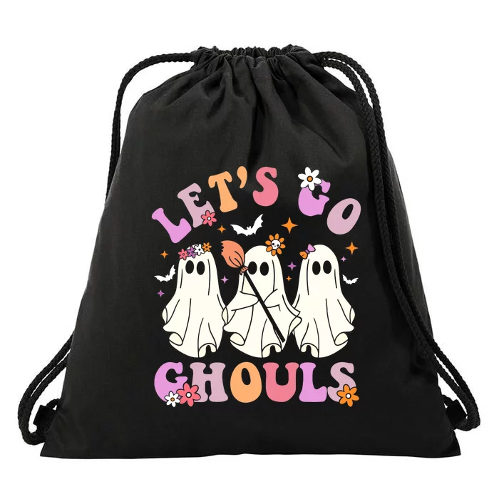 Lets Go Ghouls Halloween Ghost Outfit Costume Retro Groovy Drawstring Bag