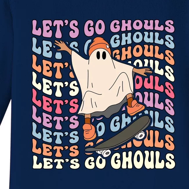 Lets Go Ghouls Retro Groovy Boo Ghost Skateboard Halloween Gift Baby Long Sleeve Bodysuit