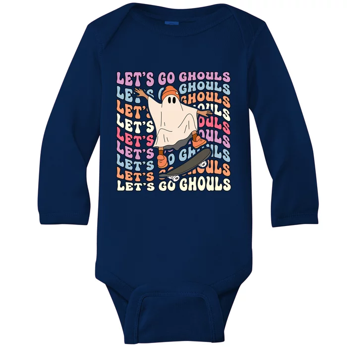 Lets Go Ghouls Retro Groovy Boo Ghost Skateboard Halloween Gift Baby Long Sleeve Bodysuit