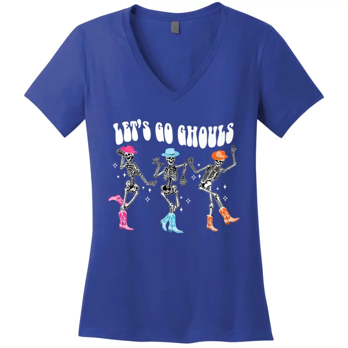 Lets Go Ghouls Skeleton Dance Retro Halloween Scary Horror Gift Women's V-Neck T-Shirt