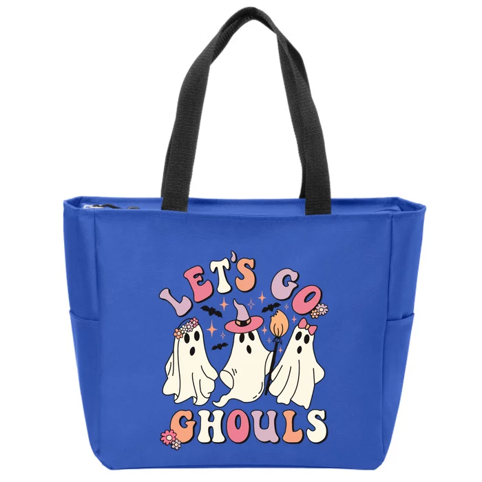 Let's Go Ghouls Funny Halloween Cute Groovy Ghost Retro Gift Zip Tote Bag