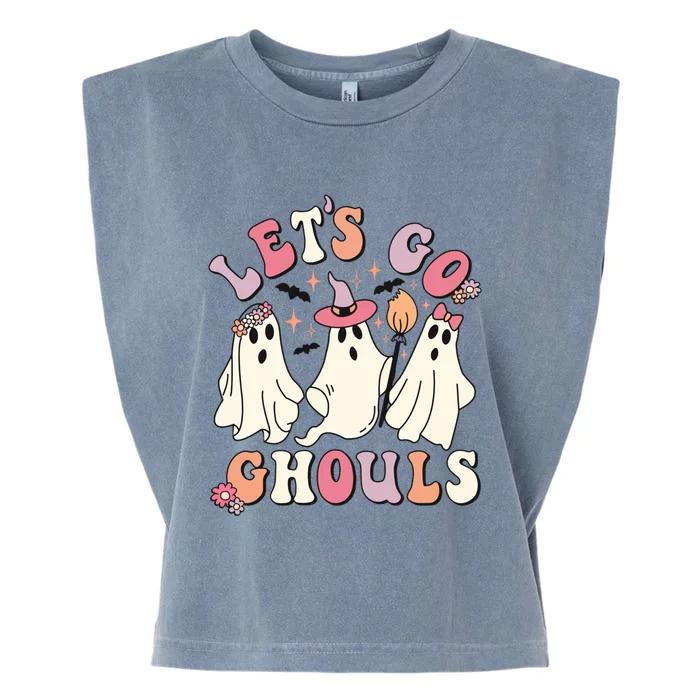 Let's Go Ghouls Funny Halloween Cute Groovy Ghost Retro Gift Garment-Dyed Women's Muscle Tee