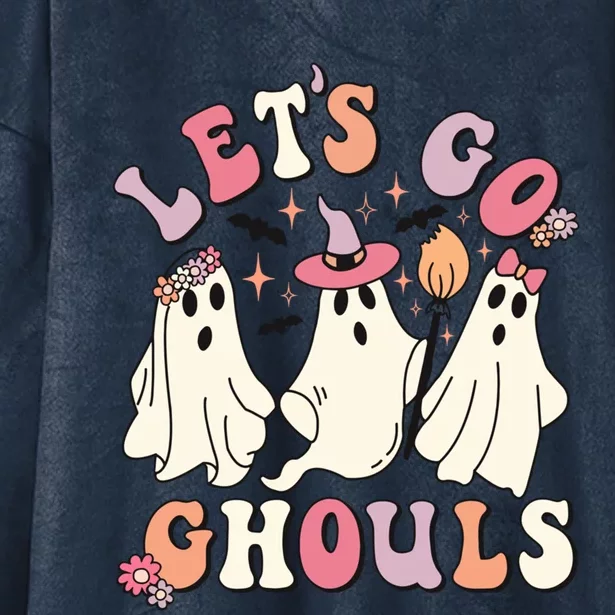 Let's Go Ghouls Funny Halloween Cute Groovy Ghost Retro Gift Hooded Wearable Blanket