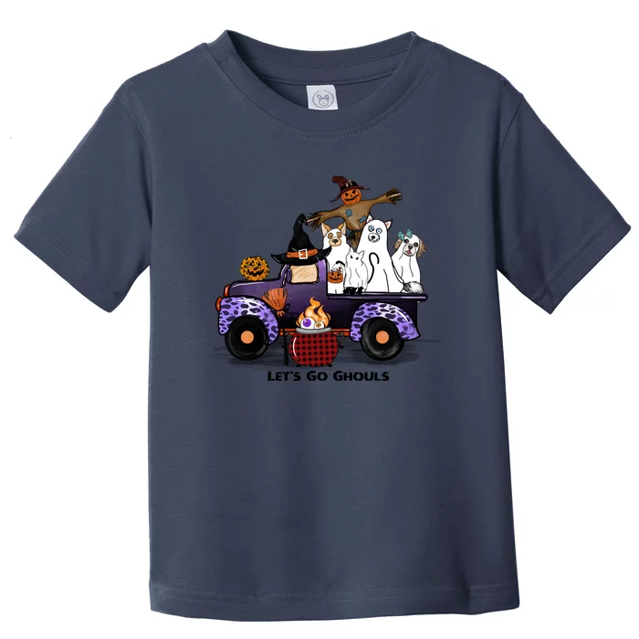 Let's Go Ghouls On Truck Funny Halloween Boo Witch Hat Cats Pumpkin Graphic Toddler T-Shirt