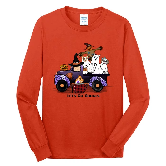 Let's Go Ghouls On Truck Funny Halloween Boo Witch Hat Cats Pumpkin Graphic Tall Long Sleeve T-Shirt