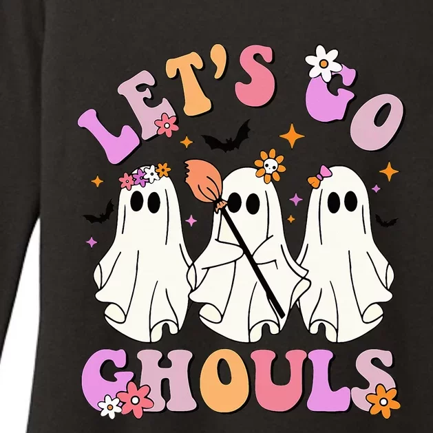 Lets Go Ghouls Halloween Ghost Outfit Costume Retro Groovy Womens CVC Long Sleeve Shirt