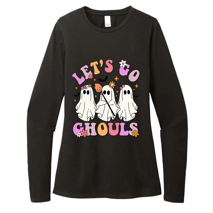 Lets Go Ghouls Halloween Ghost Outfit Costume Retro Groovy Womens CVC Long Sleeve Shirt