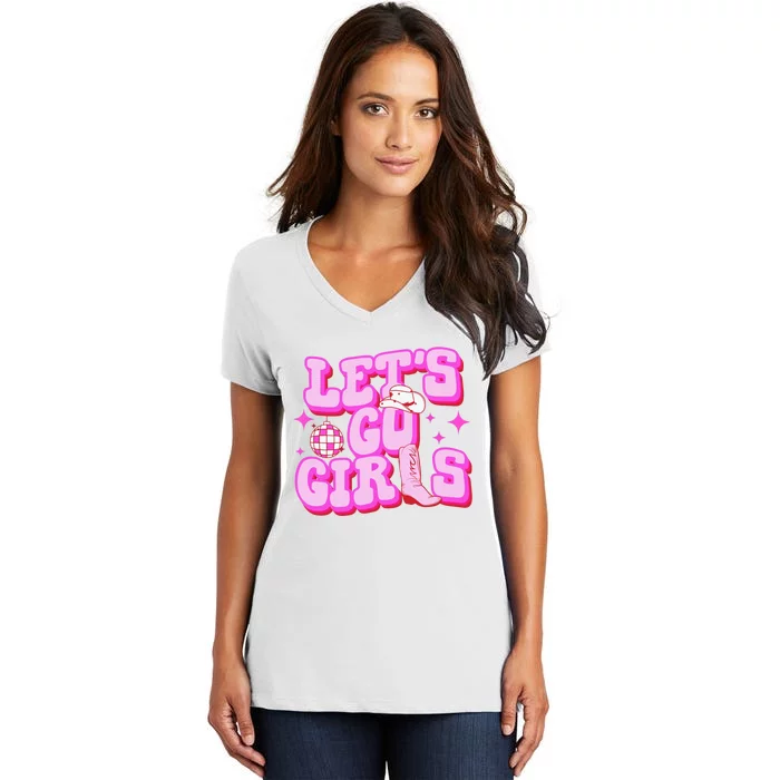 Let's Go Girl Cowgirl Hat Boots Country Western Cowgirl Women's V-Neck T-Shirt