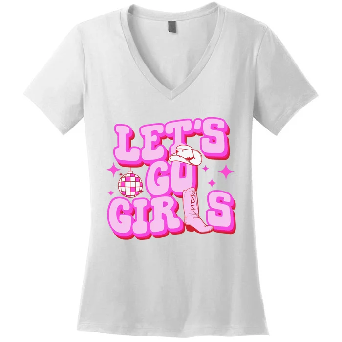 Let's Go Girl Cowgirl Hat Boots Country Western Cowgirl Women's V-Neck T-Shirt