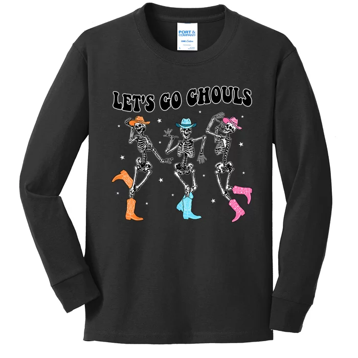 LetS Go Ghouls Dancing Skeleton Cowboy Western Halloween Kids Long Sleeve Shirt