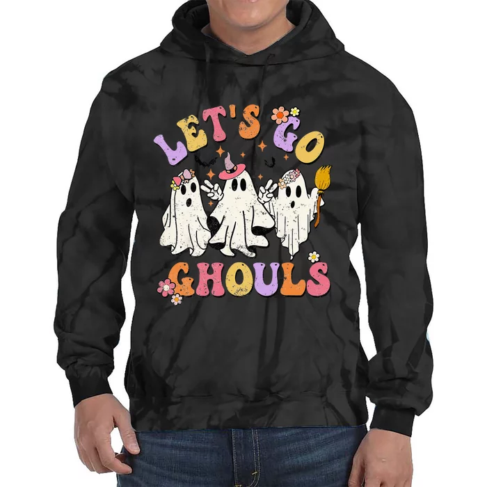 Lets Go Ghouls Halloween Ghost Outfit Costume Retro Groovy Tie Dye Hoodie