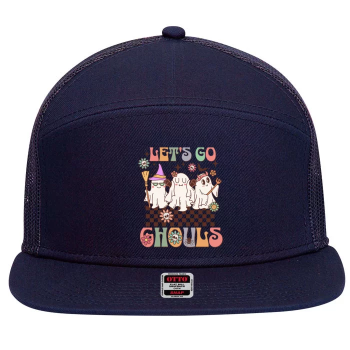 Lets Go Ghouls Halloween Ghost Costume Retro Groovy Great Gift 7 Panel Mesh Trucker Snapback Hat