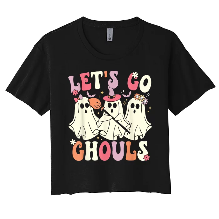 Lets Go Ghouls Halloween Ghost Costume Retro Groovy Women's Crop Top Tee